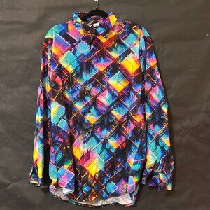 Psychedelic Mens Cotton Fractal Shirt Button Up Oxford Trippy Purple DJ Large